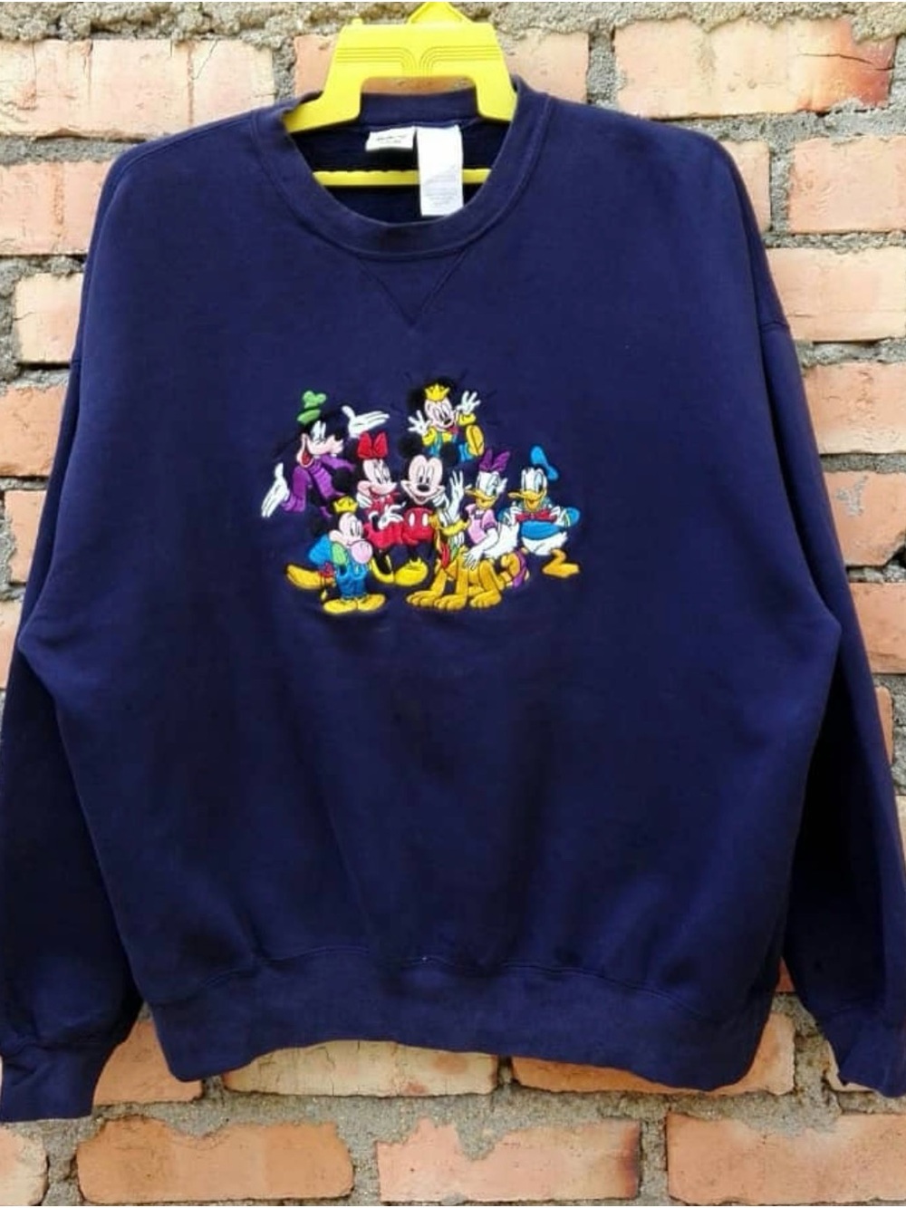 Disney Navy Crewneck Sweatshirt with Colorful Character Embroidery RARE